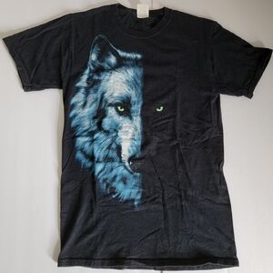 🌸3/$15 Fruit of the Loom Wolf Graphic Front Mens Black Short Sleeve T-shirt